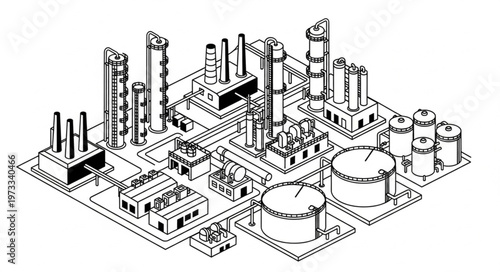 Isometric Industrial Refinery Complex with Storage Tanks.