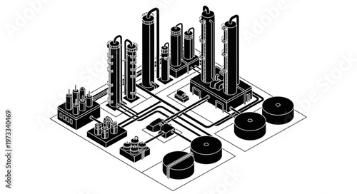 Isometric industrial refinery complex with storage tanks.
