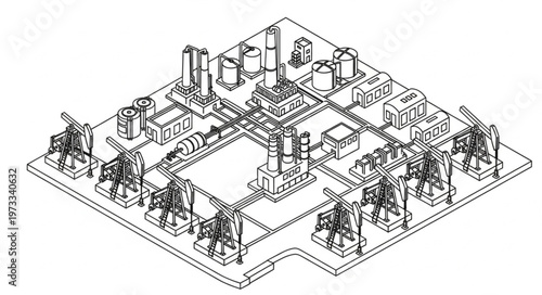 Isometric industrial oilfield pumpjack platform model rendering.