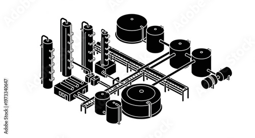 Isometric industrial plant layout with tanks and conveyors.