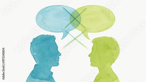 Illustrazione ad acquerello di un dialogo: profili con fumetti incrociati