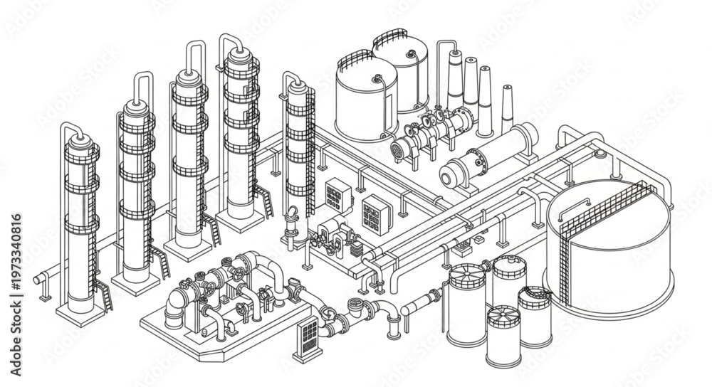 Fototapeta premium Isometric Industrial Refinery Complex Illustration Drawing.
