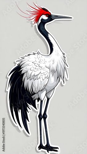 Cartoon illustration depicts a crane with red head feathers, black neck, white chest, and long legs, standing on a gray background