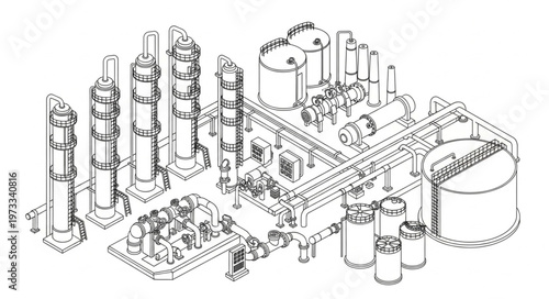 Isometric Industrial Refinery Complex Illustration Drawing.