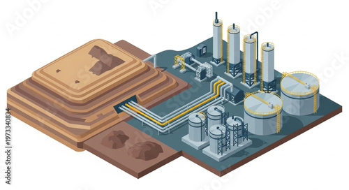 Isometric industrial refinery and storage tank complex.