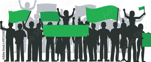 Unity in Action: A crowd of silhouettes unite in a powerful demonstration, their raised arms and banners symbolizing solidarity and a shared purpose.