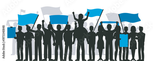 Rally of Voices: A spirited gathering of individuals stands united, raising flags and banners to voice their opinions, conveying strength in numbers and the power of collective action.