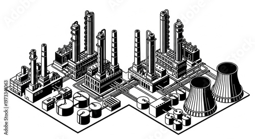 Isometric Industrial Refinery Complex With Cooling Towers.