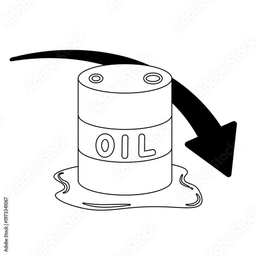 モノクロイラスト | 原油安と石油価格の下落イメージ | ドラム缶と黒い矢印のアイコン