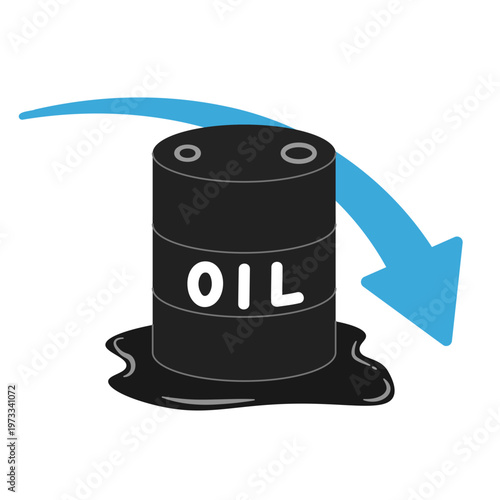 イラスト | 下落する原油価格のイメージ | ドラム缶と青い下向き矢印のベクター素材