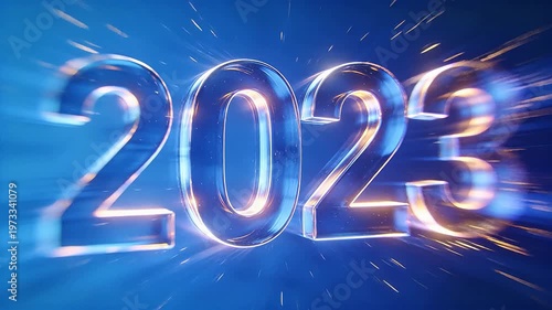 Glass number 2023 in blue light with motion trails