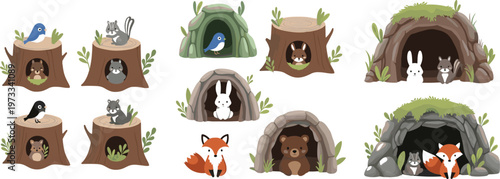 Animal Dens and Burrows Icon Set Featuring Foxes, Bears, Rabbits, and Birds for Wildlife, Nature, and Forest Designs