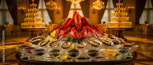 A magnificent, opulent display of freshly prepared, vibrant red lobsters, meticulously arranged briny oysters on a bed of ice, and exquisite, colorful caviar bowls, creating a luxurious gourmet