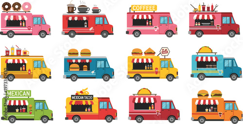 Food Truck Icon Set Featuring Coffee, Donuts, Burgers, Tacos, and Ice Cream for Street Food and Catering Designs