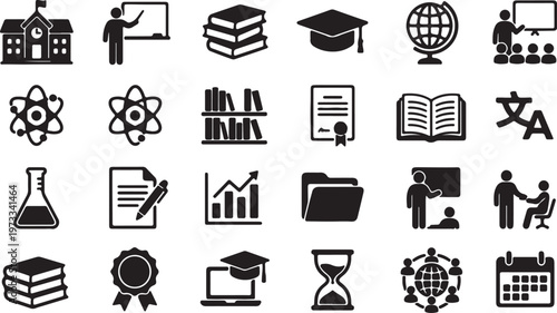 Educational icons representing learning and academic pursuits such as books, graduation caps, globes, and science symbols, ideal for school and university-related designs and presentations