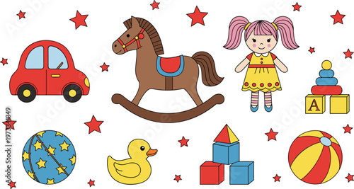 Kids Toys Collection with Car, Rocking Horse, Doll, Blocks and Ball Featuring Cute Playtime Elements for Children Illustration Design