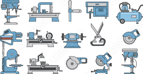 Industrial Workshop Tools and Machines Collection with Drill Press, Lathe, Saw and Compressor Equipment for Engineering Illustration Design