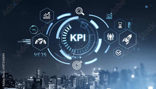 KPI dashboard interface with futuristic digital graphics showing performance icons, metrics and business analytics over modern cityscape at night concept success business.