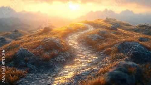 Golden Sunrise Over Grassy Hillside With Winding Path And Distant Mountains Dramatic Lighting