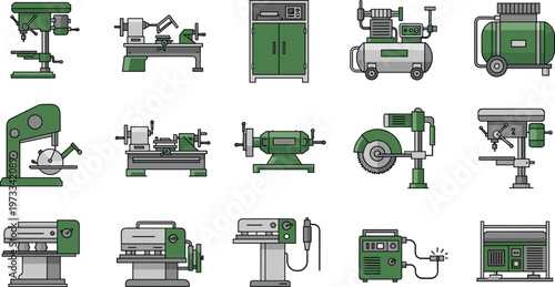 Workshop Machinery and Industrial Equipment Set with Lathe, Drill, Compressor and Cutting Tools for Engineering and Manufacturing Illustration Design