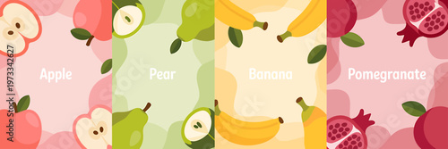 Colorful fruit illustrations featuring apple pear banana and pomegranate designs