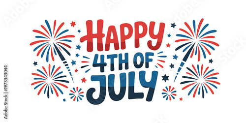 Happy Fourth of July celebration graphic with fireworks and stars design