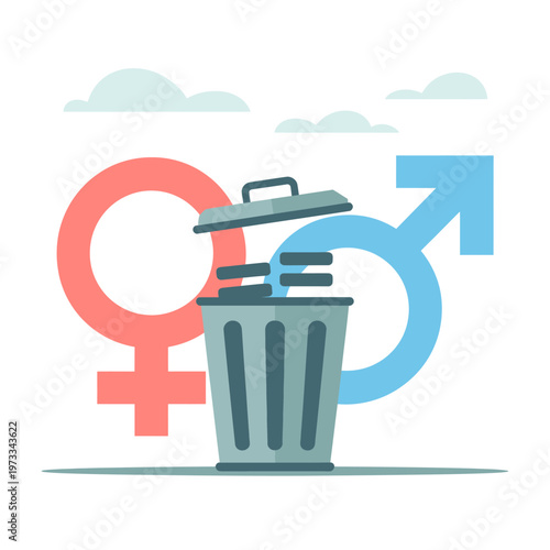 Gender equality symbol with trash can and money discarded illustration