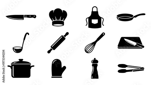 Kitchen Tools Silhouette Set – Chef Equipment, Cooking Utensils, Knife, Pan and Kitchen Icons