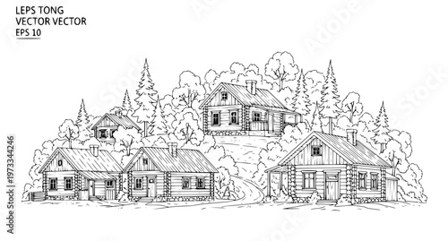 Rural Village in Forest Line Art Vector Illustration