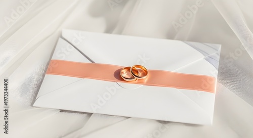 Wedding invitation envelope with two gold rings and a peach ribbon on a white fabric background