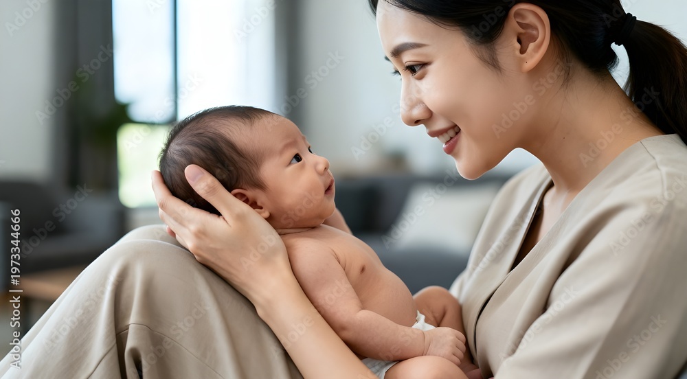 Naklejka premium Smiling Asian Mother Making Eye Contact With Baby