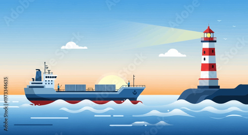 Cargo ship sailing past a lighthouse at sunset, maritime navigation and industry concept