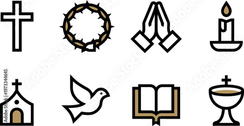 Christianity religious symbols icons set including cross crown thorns praying hands candle church dove holy book chalice