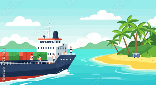 Cargo ship sailing past tropical island with palm trees and sandy beach
