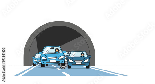 Cars driving into a tunnel on a highway, traffic congestion, urban commute, transportation concept