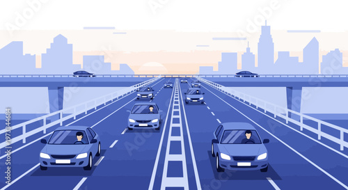 Cars driving on a multi-lane highway with city skyline background at sunset