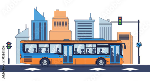 City bus with passengers driving on road with skyscrapers and traffic lights