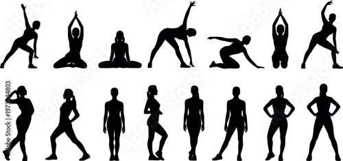 Collection of black silhouettes of women in various yoga poses and stretches on white background