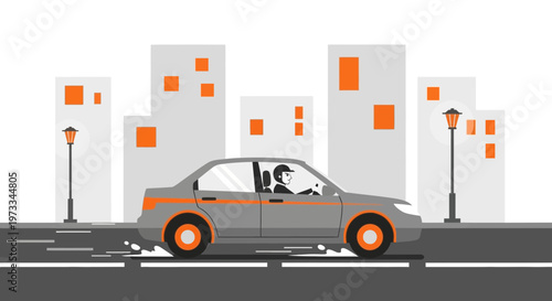City Car Driving on Road with Buildings Background, Urban Transportation Concept