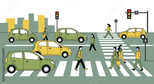 City crosswalk with cars and pedestrians, traffic lights, urban street scene