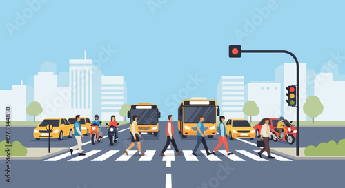 City crosswalk with diverse people, cars, and buses, traffic light, urban street scene.