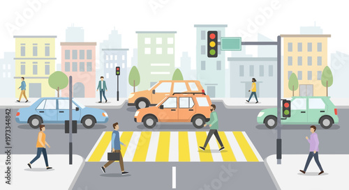 City intersection with traffic lights, crosswalk, cars, and pedestrians, urban street scene
