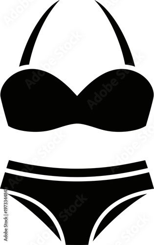 Black silhouette of a bikini set including a halter top and briefs with two piece with summer fashion with flat design