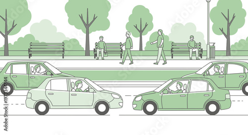 City park scene with people walking, sitting on benches, and cars driving on road