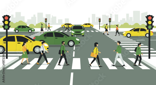 City street with cars and pedestrians crossing at a crosswalk with traffic lights
