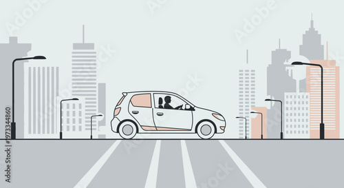 City street scene with a car driving on a crosswalk, modern buildings and streetlights