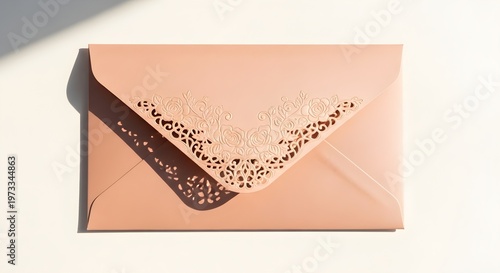 Elegant light pink envelope with intricate lasercut floral lace pattern on the flap, top view, sophisticated stationery for wedding invitations