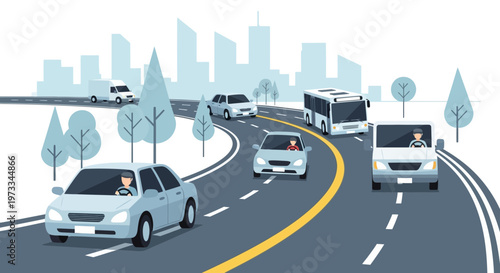 City traffic flow with cars, bus, and truck on highway, urban cityscape background