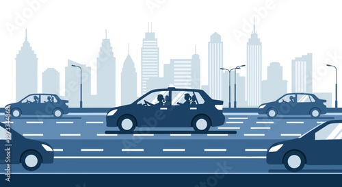 City Traffic Jam: Cars on Highway with Skyline Background, Urban Commute