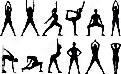 Collection of people in various yoga poses and stretches